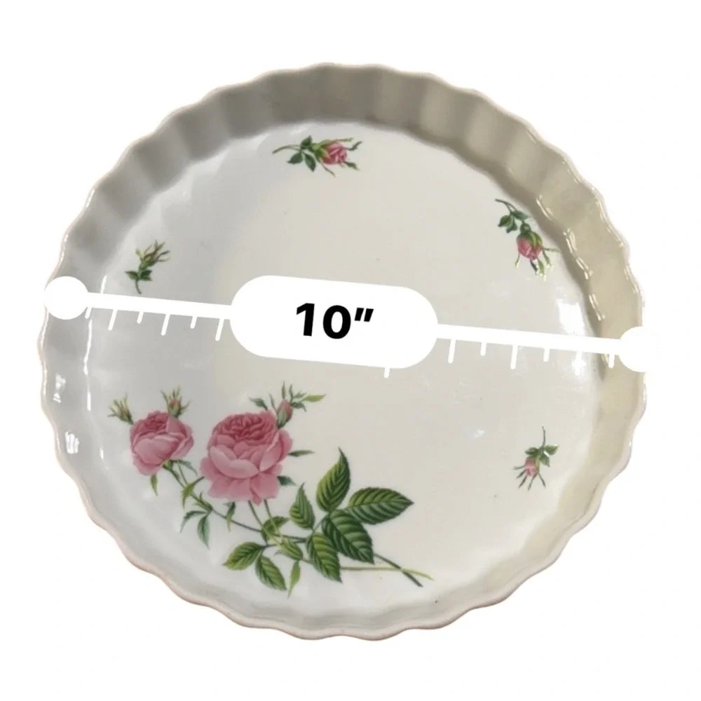 Christineholm Pink Rose Floral Ceramic Quiche Tart Pan 10 In Fluted Baking Dish